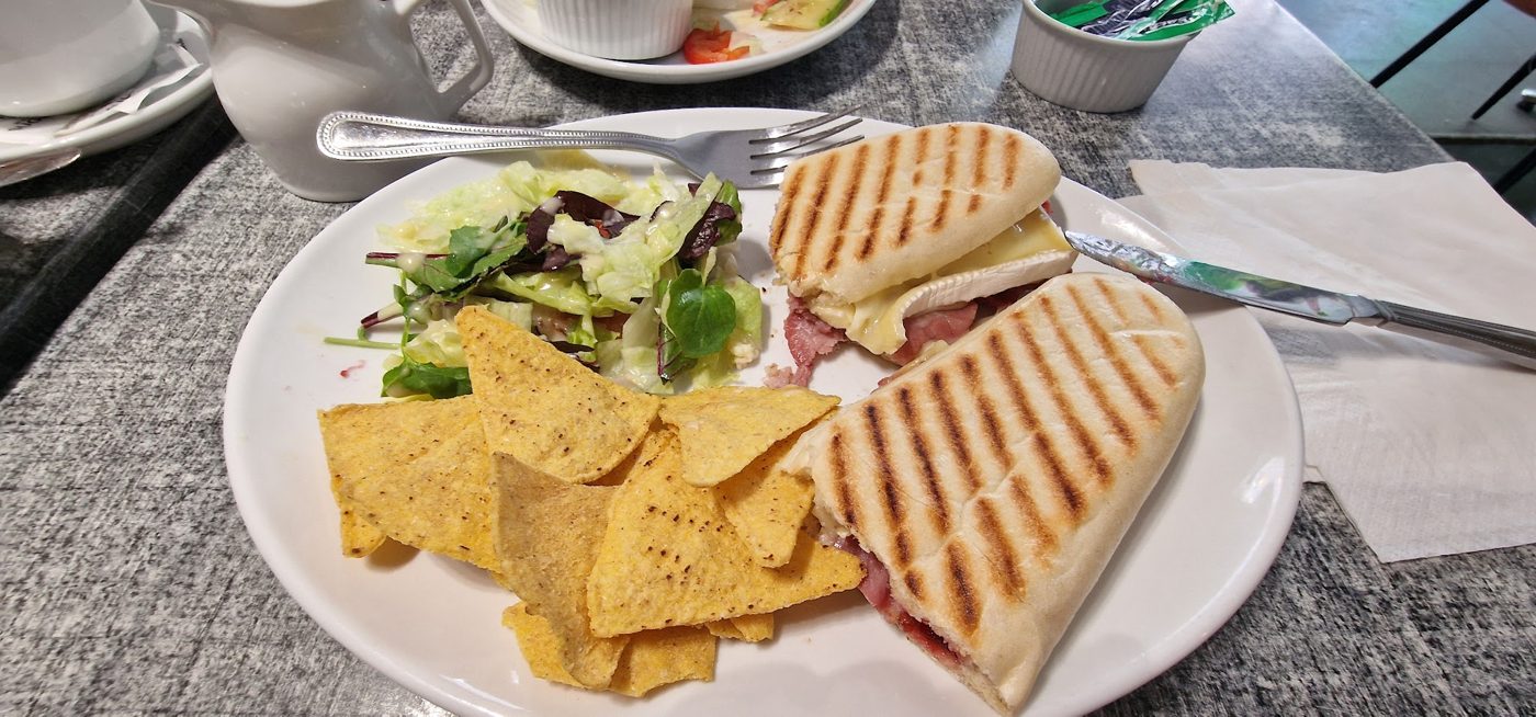 Toasted paninis with tortilla chips and salad